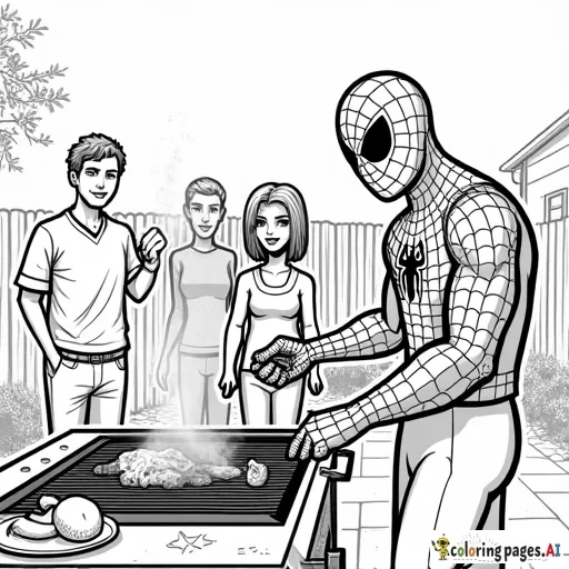 Spider-Man cooking on a grill at a backyard barbecue, surrounded by friendly neighbors.