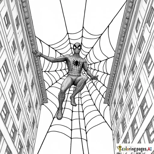Spider-Man creating a giant spider web between two buildings, decorating it with fairy lights.
