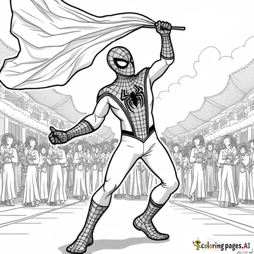 Spider-Man dancing in a traditional parade, holding a colorful festival flag.