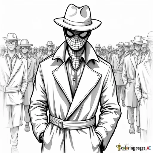 Spider-Man disguised in a trench coat and hat, stealthily blending into a busy crowd.