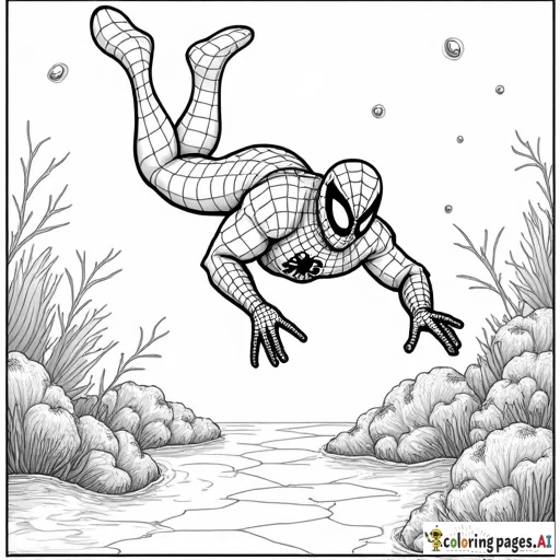 Spider-Man diving underwater, exploring a coral reef with tropical fish swimming around.