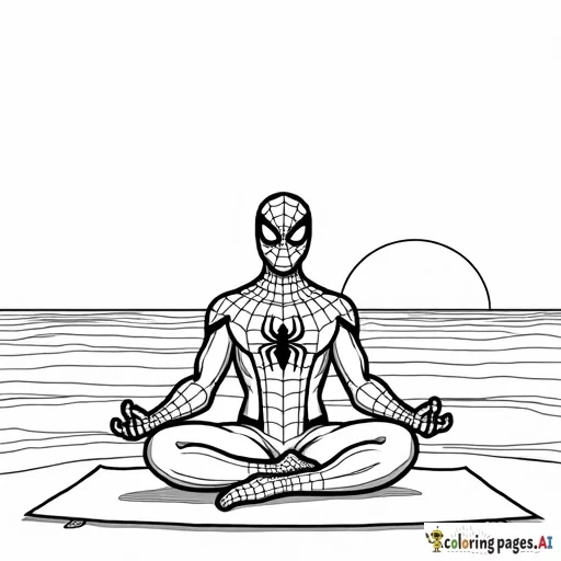 Spider-Man doing yoga on a serene beach at sunrise, meditating in a peaceful pose