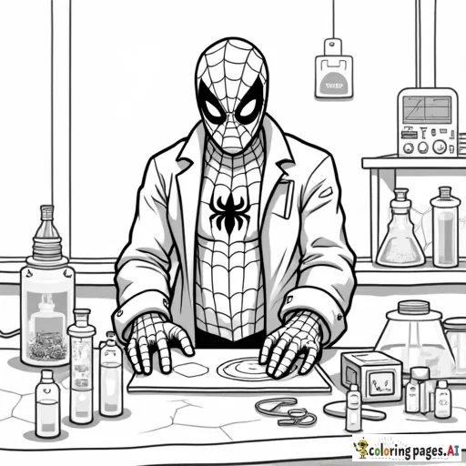 Spider-Man dressed as a scientist, working on a high-tech invention in a laboratory with gadgets.
