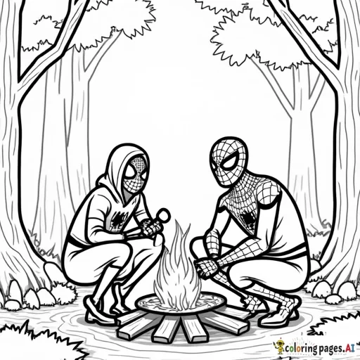 Spider-Man enjoying a campfire, roasting marshmallows with friends in a forest setting.