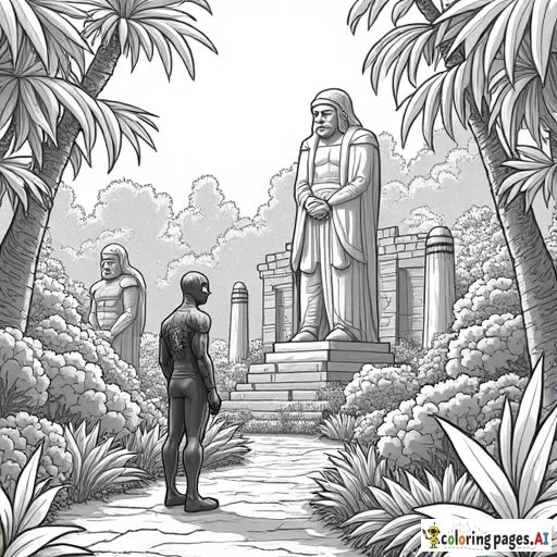 Spider-Man exploring ancient ruins in a jungle, surrounded by massive statues and overgrown trees.