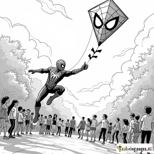 Spider-Man flying a kite shaped like his mask in a colorful, windy park full of children and families.