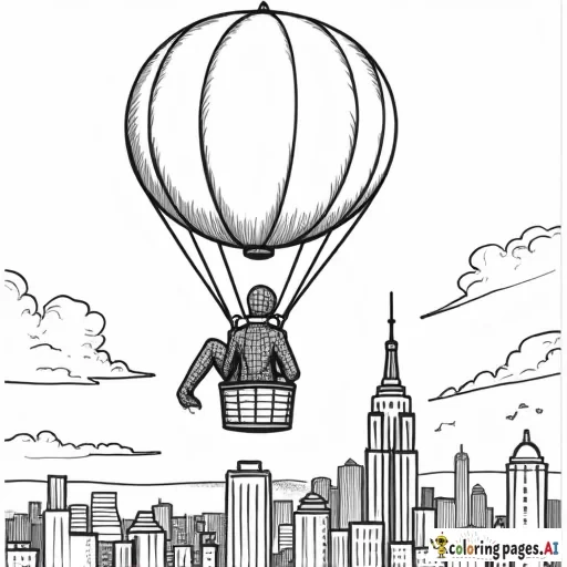 Spider-Man flying in a hot air balloon over the city, looking down at the landscape.
