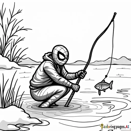 Spider-Man ice fishing in a snowy landscape, with a few fish jumping out of the hole.