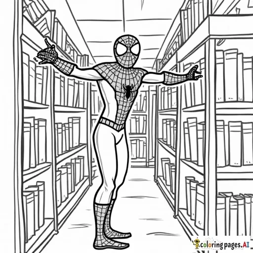 Spider-Man in a library, using his web to grab a book from a high shelf.