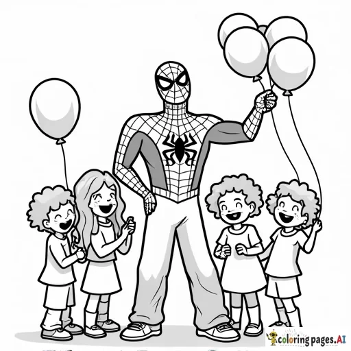 Spider-Man making balloon animals at a kids' party, surrounded by happy children.