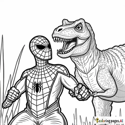 Spider-Man on a dinosaur safari, taking a selfie with a friendly T-Rex.