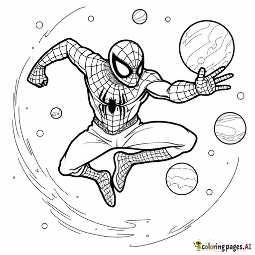 Spider-Man on a space adventure, floating in zero gravity with planets and stars in the background.