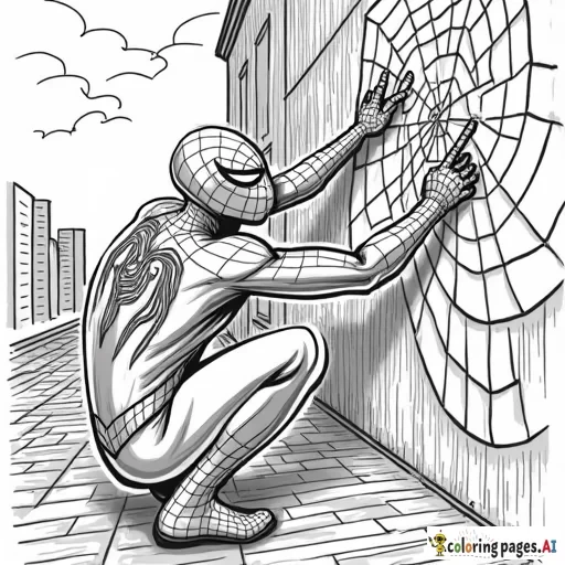 Spider-Man painting a mural on a city wall, creating a vibrant piece of urban art.