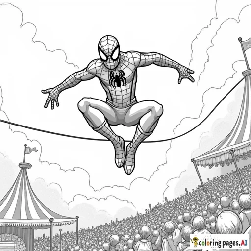 Spider-Man performing a high-wire act at a circus, balancing with his web as the audience watches.