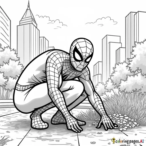 Spider-Man planting flowers in a public park, brightening up the cityscape.