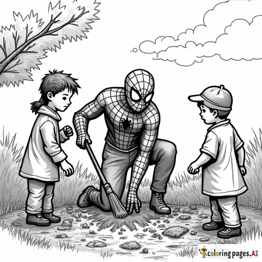 Spider-Man planting trees in a community garden, with neighbors and children helping.