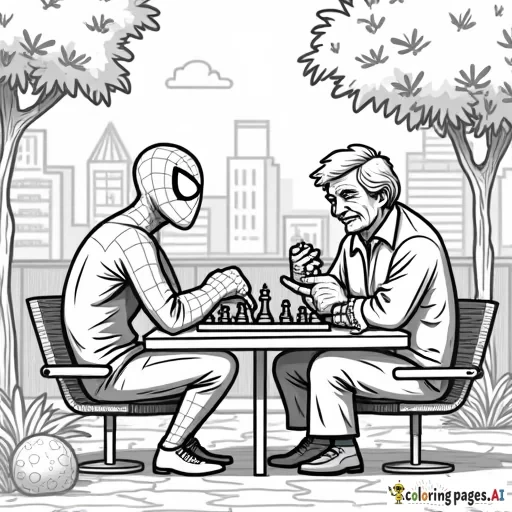 Spider-Man playing chess with an elderly man in a peaceful urban park.