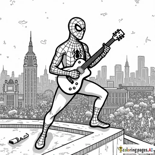 Spider-Man playing guitar on a rooftop during a nighttime city concert, with fans cheering below