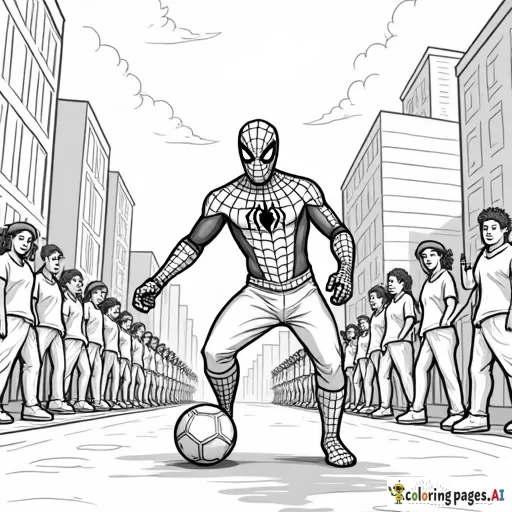 Spider-Man playing soccer in a city street, with local kids cheering him on.