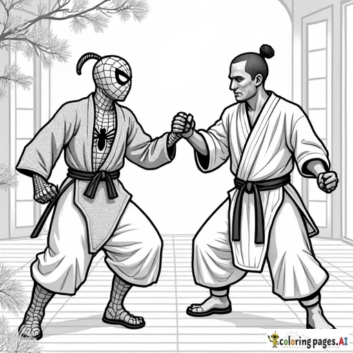 Spider-Man practicing martial arts with a skilled sensei in a peaceful dojo