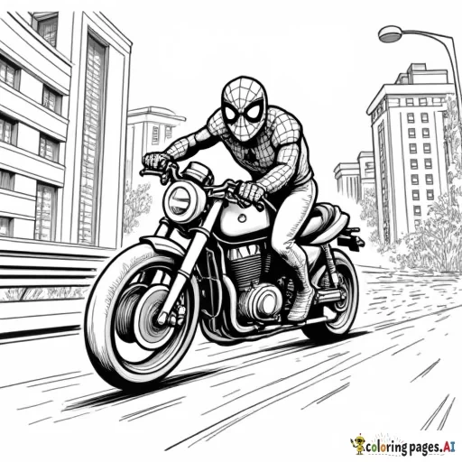 Spider-Man racing on a motorcycle, zooming through an urban highway at high speed.