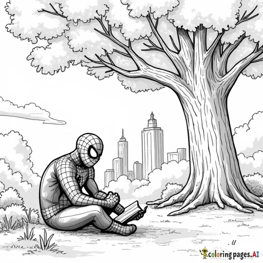 Spider-Man reading a book under a large, leafy tree in Central Park on a sunny afternoon.