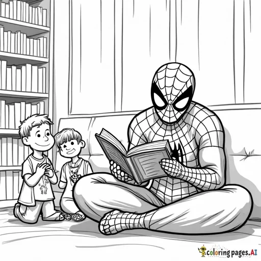 Spider-Man reading bedtime stories to a group of children at a library or community center.