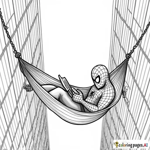 Spider-Man relaxing in a hammock between two tall buildings, reading a comic book.