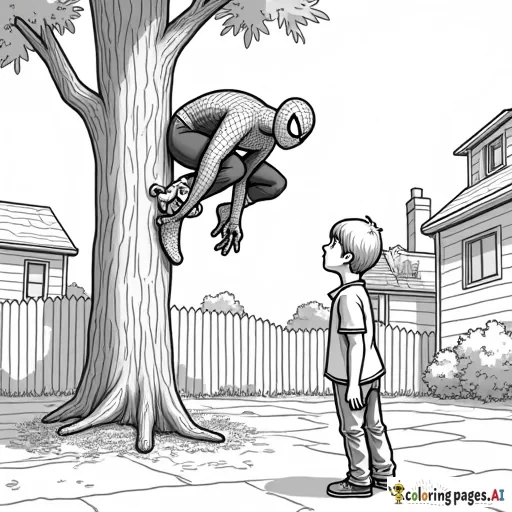 Spider-Man rescuing a kitten from a tall tree in a neighborhood, as a child watches happily.