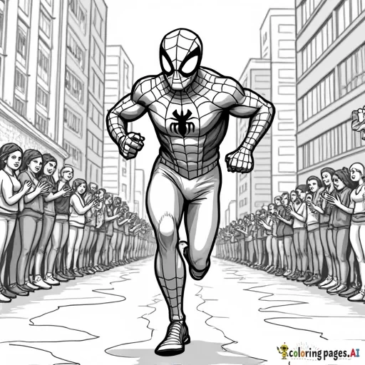 Spider-Man running a marathon through the city, passing cheering fans along the route.