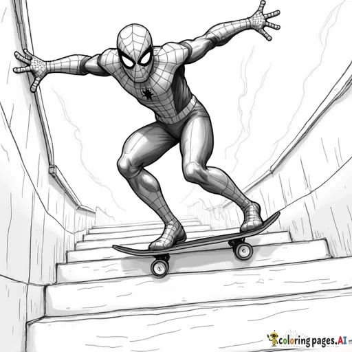 Spider-Man skateboarding down a long staircase, performing stunts as he goes