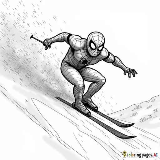 Spider-Man skiing down a snowy mountain, leaving a trail of snow behind.