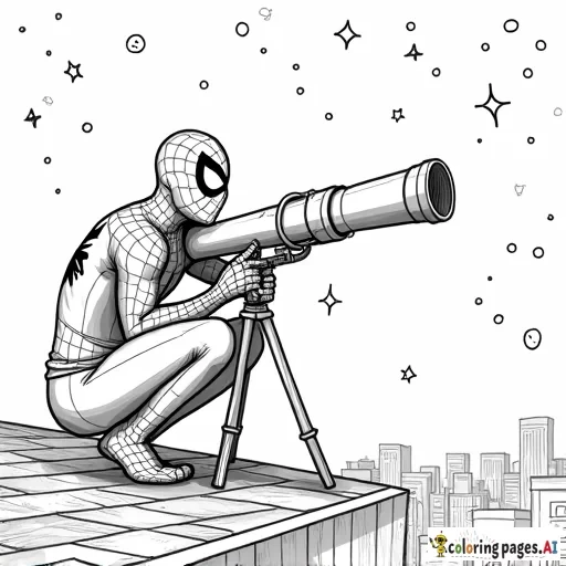 Spider-Man stargazing through a telescope on a rooftop, surrounded by constellations and stars.