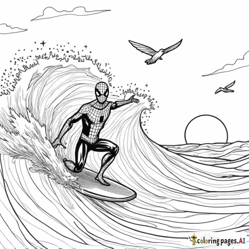 Spider-Man surfing on a massive ocean wave, with seagulls flying nearby and the sun setting in the background.