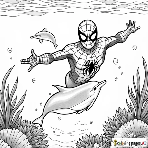 Spider-Man swimming with dolphins in a clear blue ocean, surrounded by coral and marine life.