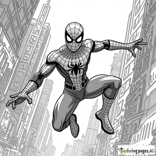 Spider-Man swinging between skyscrapers in a futuristic city filled with neon lights and flying cars