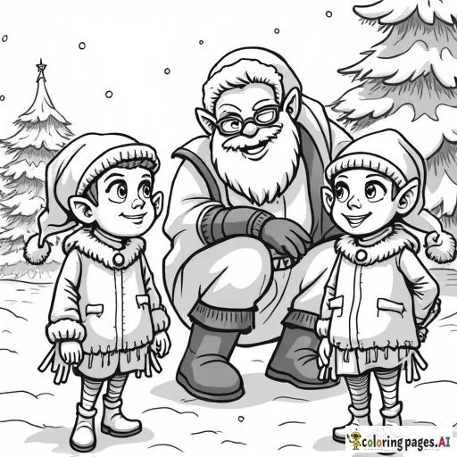 Spiderman and Santa visiting with Santa's elves, no grey scale