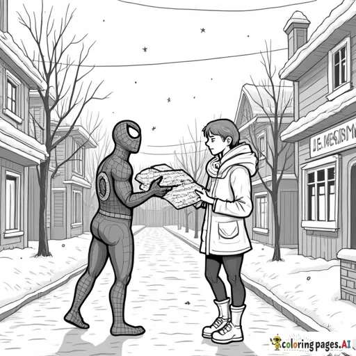 Spiderman handing out presents in a snowy town