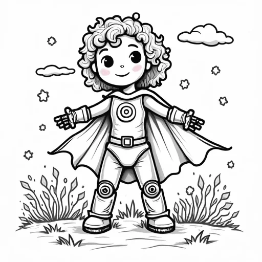 superhero robot, curly haired 5 years old girl, flowers, unicorn,