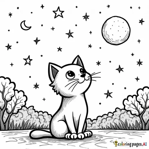 sweet cartoon cat A thoughtful cat gazing up at a sky filled with stars, with a cityscape or small village below. The scene includes stars, a moon, and maybe a telescope, giving a magical feel with fun textures and patterns to color., all in clear lines for a fun, coloring experience.. black and white, line art, white background. plain white background. The outlines of all the subjects are bold black and easy to distinguish, making it simple for kids to color without too much difficulty.