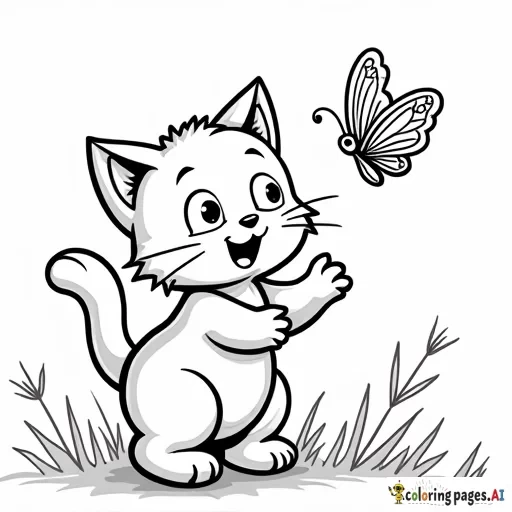 sweet cartoon cat chasing butterfly. black and white, line art, white background. plain white background. The outlines of all the subjects are bold black and easy to distinguish, making it simple for kids to color without too much difficulty.