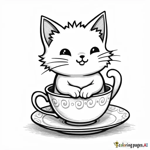 sweet cartoon cat in a decorative teacup. black and white, line art, white background. plain white background. The outlines of all the subjects are bold black and easy to distinguish, making it simple for kids to color without too much difficulty.