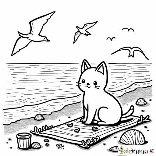 sweet cartoon cat on a beach towel, watching seagulls by the sea. The scene includes seashells, beach toys, and gentle waves, all in clear lines for a fun, beachy coloring experience.. black and white, line art, white background. plain white background. The outlines of all the subjects are bold black and easy to distinguish, making it simple for kids to color without too much difficulty.