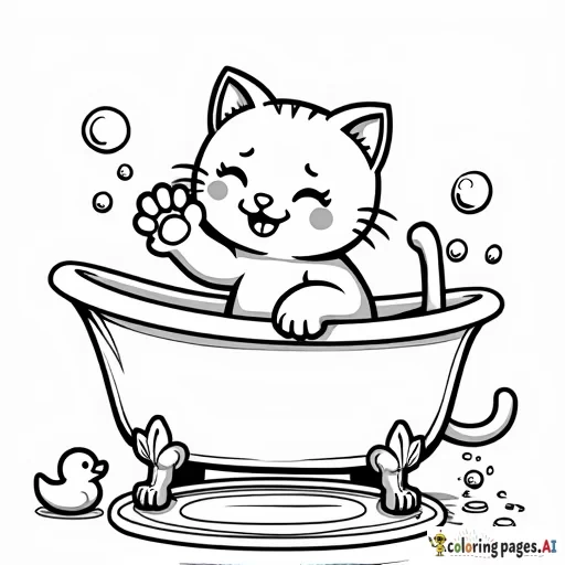 sweet playful cartoon cat pawing at floating bubbles while sitting by a clawfoot tub. Bubbles fill the scene, along with details like a rubber duck, a bath mat, and little droplets of water.  all in clear lines for a fun, coloring experience.. black and white, line art, white background. plain white background. The outlines of all the subjects are bold black and easy to distinguish, making it simple for kids to color without too much difficulty.
