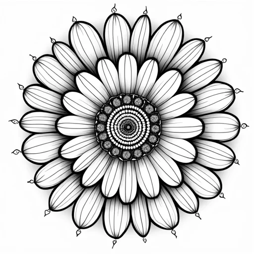 "Symmetrical mandala design centered around daisies, each petal carefully outlined and filled with fine details. The petals radiate outward, surrounded by spirals and circular patterns that add depth and texture. The design incorporates small vines, leaves, and delicate dots that fill the space around the daisies. The overall design is clean, detailed, and peaceful, perfect for a relaxing, mindful coloring experience."