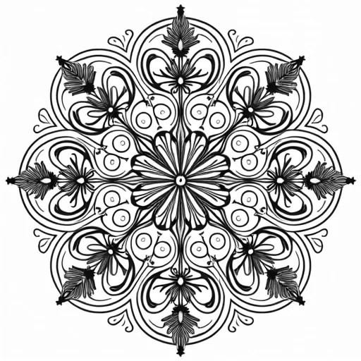 "Symmetrical mandala design with clusters of lavender sprigs forming the central structure. Each lavender flower is finely detailed, with small leaves and delicate stems. Surrounding the lavender are intricate spirals, geometric shapes, and swirling lines that add movement and flow to the design. The outer edges feature soft, repeating patterns of smaller floral motifs, creating a calming and balanced design ideal for coloring."