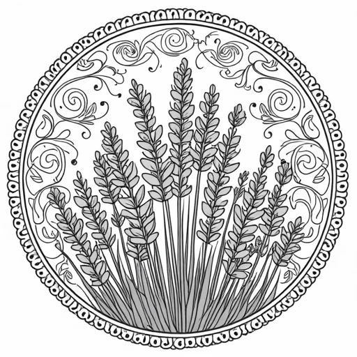 "Symmetrical mandala design with clusters of lavender sprigs forming the central structure. Each lavender flower is finely detailed, with small leaves and delicate stems. Surrounding the lavender are intricate spirals, geometric shapes, and swirling lines that add movement and flow to the design. The outer edges feature soft, repeating patterns of smaller floral motifs, creating a calming and balanced design ideal for coloring."