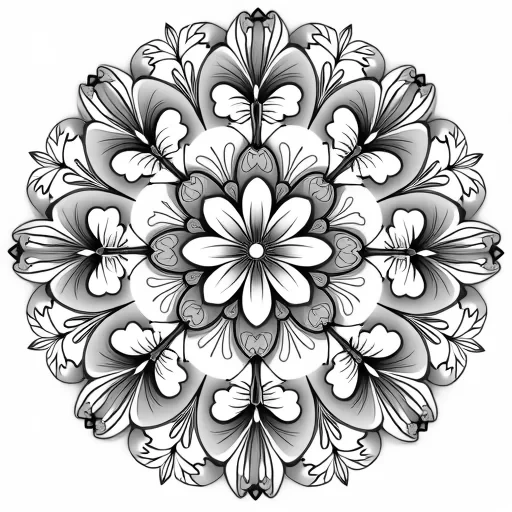 "Symmetrical mandala design with delicate flowers at the center, each surrounded by swirling petals, intricate leaves, and butterfly accents. The butterflies are detailed with fine, lacy wings, flying between the flowers. The outer edges of the mandala feature soft, flowing vines and small, intricate floral motifs, creating a peaceful, harmonious atmosphere. The design is clean, precise, and inviting for adult coloring."