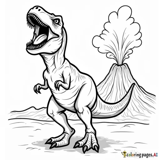 T rex roaring with a volcano in the background erupting