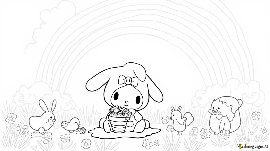 My Melody is having a peaceful day in a magical meadow, sitting on a soft blanket surrounded by blooming flowers and butterflies. She’s wearing her signature pink hood with a cute bow, smiling as she holds a basket full of freshly picked strawberries. Nearby, her animal friends—a bunny, a bird, and a squirrel—are playing together, enjoying the sunshine. In the background, there’s a big rainbow stretching across the sky and fluffy clouds floating by. The scene is calm and joyful, with simple, large shapes of flowers, animals, and My Melody, perfect for kids to color.